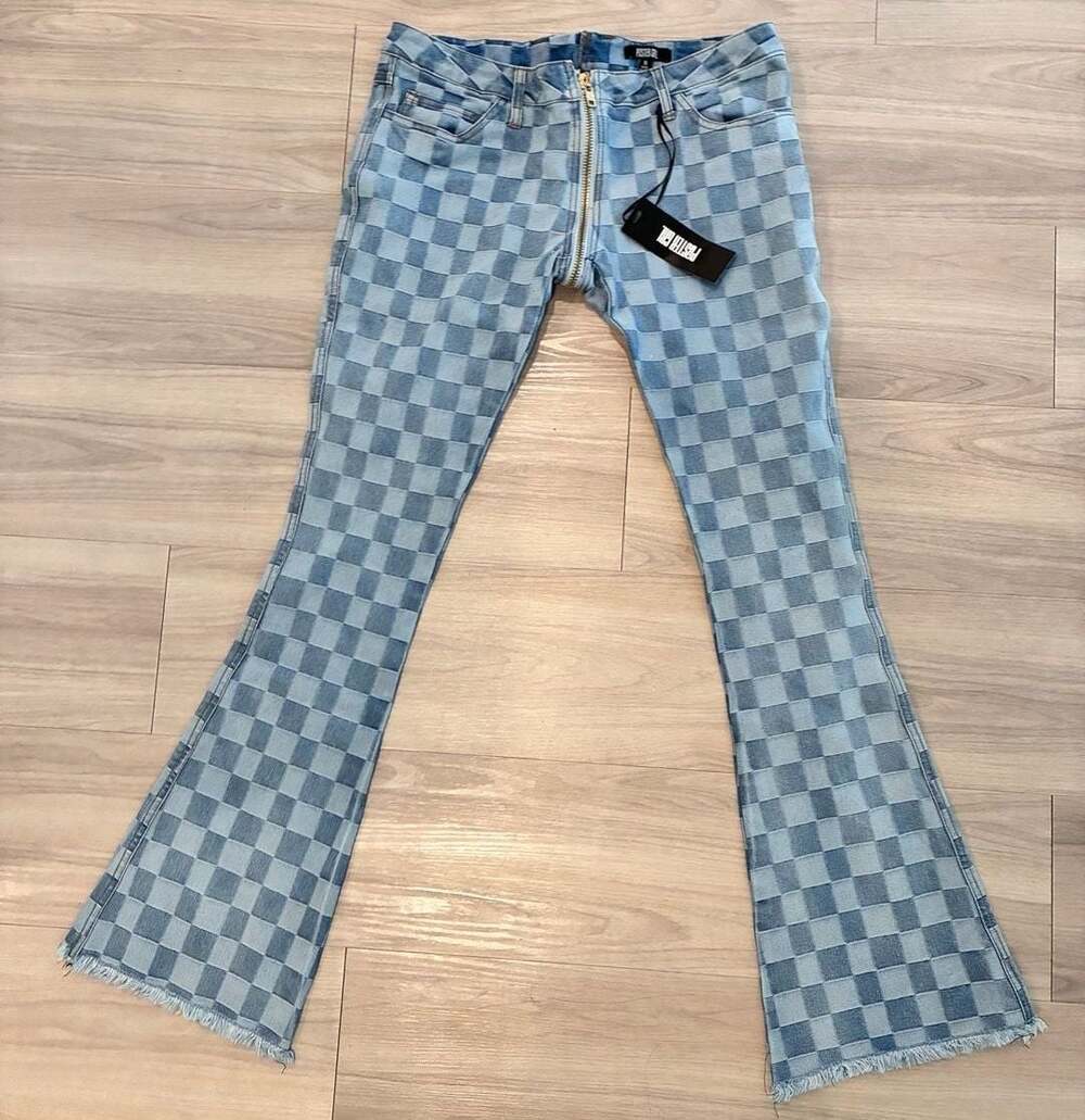 Poster Grl Checkered Blue Denim Flare Jeans with Back Zipper S NWT